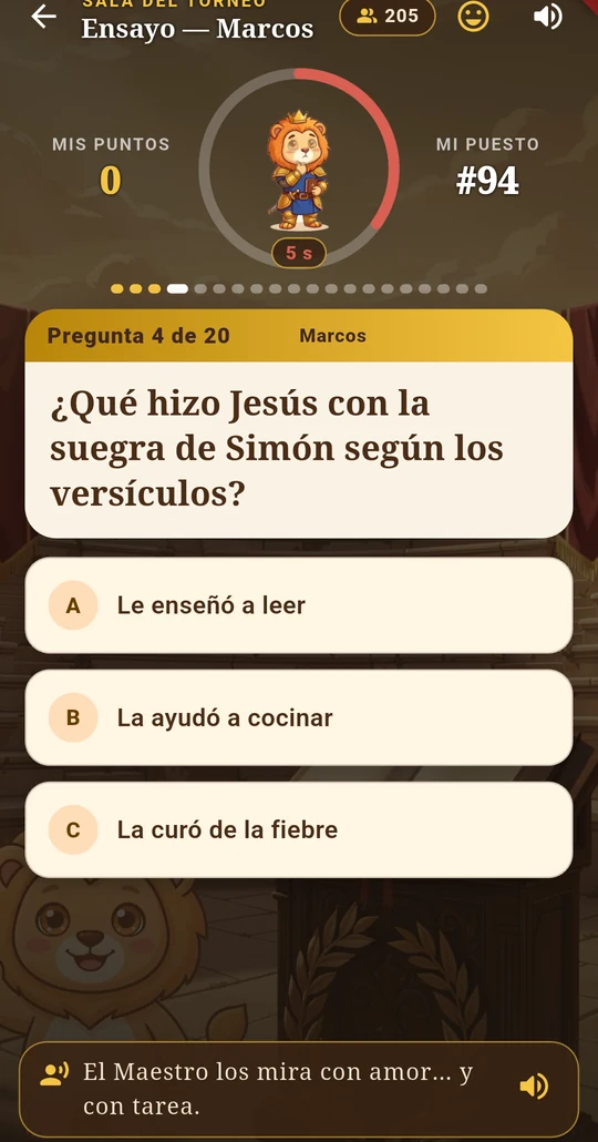 La app durante el torneo: la pregunta, las respuestas y el tiempo que queda.